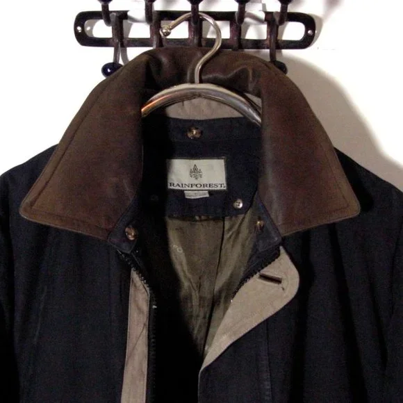 Vtg 90's Rainforest Dark Blue Zip Coat w Leather Collar Sz L